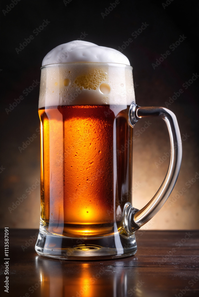 Beer glass with frothy head in glowing ambiance Beer glass with frothy head in glowing ambiance