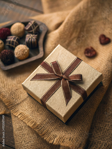 Elegant gift box with brown ribbon and assorted truffles on burlap fabric.