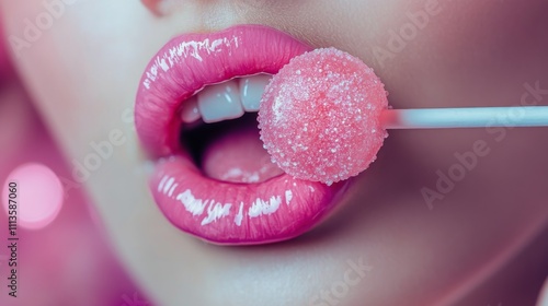 Bright pink lips hold a sugary lollipop against a colorful background in vibr...