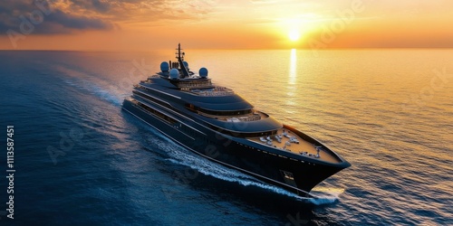 Majestic cruise ship sails through the ocean at sunset near a vibrant horizon