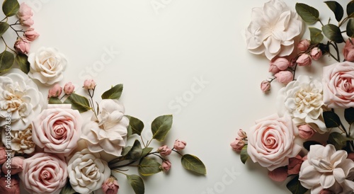 Beautiful floral arrangement with pink roses and delicate blossoms on a neutr...