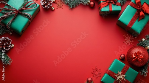 Colorful wrapped gifts arranged on a festive red background for holiday celeb...