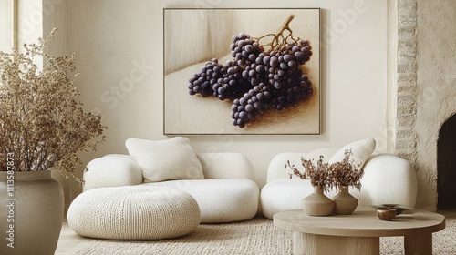 Cozy living room featuring artistic decor with grapes and neutral tones
