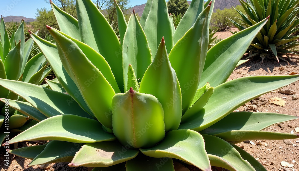 Obraz premium Lush green agave plant thrives in the warm desert sunlight showcasing its vibrant, sculptural forms and natural beauty