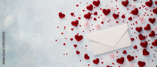 Romantic setting with an envelope surrounded by red hearts for a special occa...