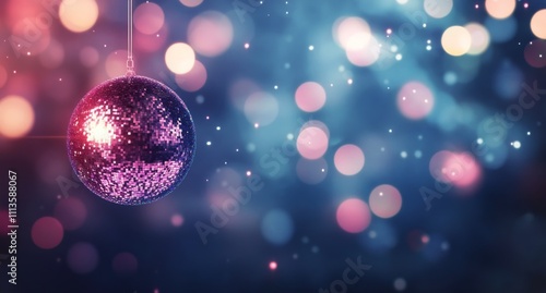 Colorful disco ball sparkles against a dreamy bokeh background during a festi...