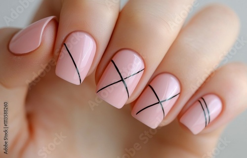 Elegant pink nails with black stripes for a modern manicure design