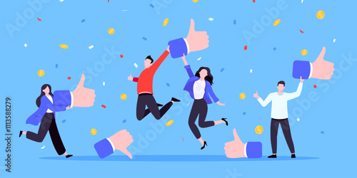 Customer feedback, employee or client satisfaction rating review with good symbols - thumb up business concept vector illustration. Positive feedback and evaluation like concept.