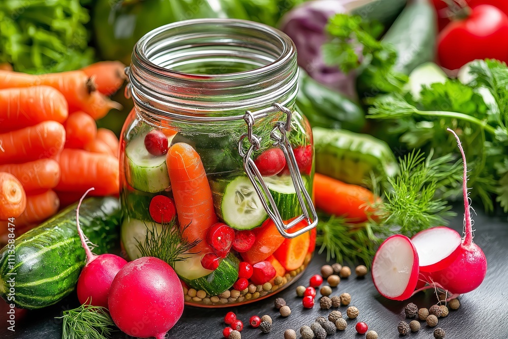 A jar of pickled vegetables – carrots, cucumbers, and radishes A jar of pickled vegetables – carrots, cucumbers, and radishes