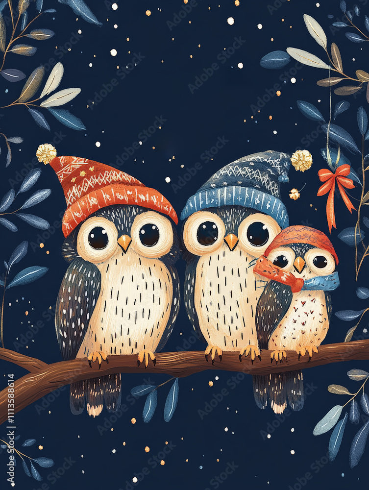 Obraz premium Charming New Year Illustrations with cute family of owls wearing festive hats, holding streamers: Cute Holiday Designs for Cards, Wallpapers, T-shirts, Posters & Decor