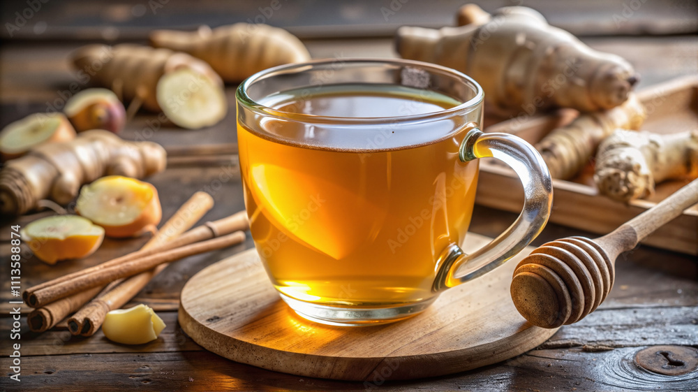 Ginger tea with honey and fresh ginger slices Ginger tea with honey and fresh ginger slices