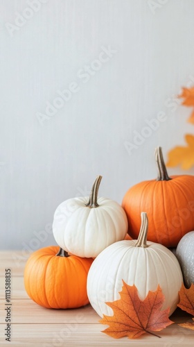Autumn pumpkins and leaves arranged on wooden table for seasonal decor inspir...