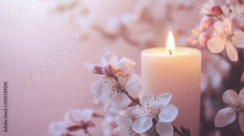 Delicate candle surrounded by blooming spring flowers on soft pink background