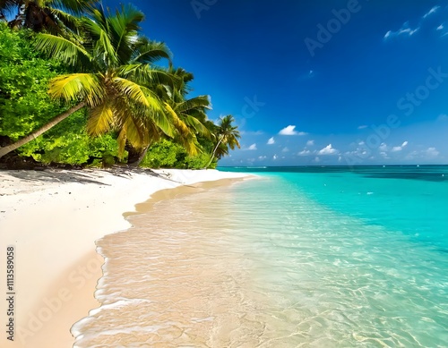 Tropical beach with crystal-clear turquoise water and gentle waves lapping against white sand. Paradise concept
