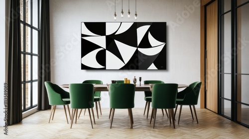 Modern dining area featuring minimalist black and white art and stylish green...
