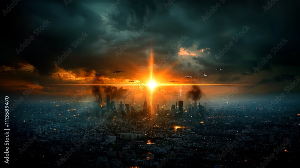 Fototapeta premium nuclear war world concept. Dramatic sunset over a city skyline