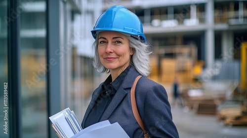 Professional woman in blue hard hat reviews plans at construction site in urb...