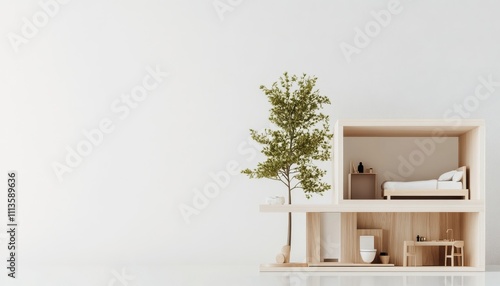 Modern architectural design featuring a minimalist living space and indoor tree