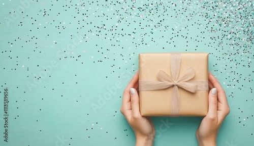 Wrapped gift held by hands with colorful confetti scattered on turquoise back...