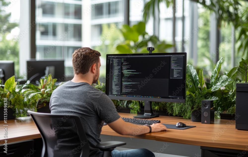 Man working at desk in modern office surrounded by plants during daytime Man working at desk in modern office surrounded by plants during daytime