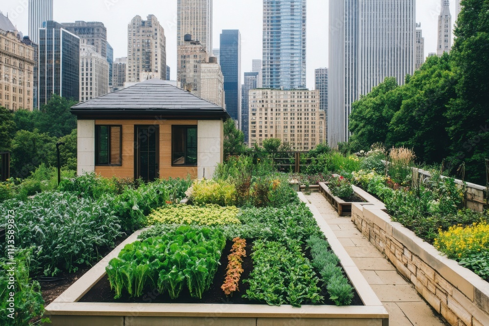 Fototapeta premium Urban rooftop garden with lush greenery against cityscape for eco-friendly design inspiration