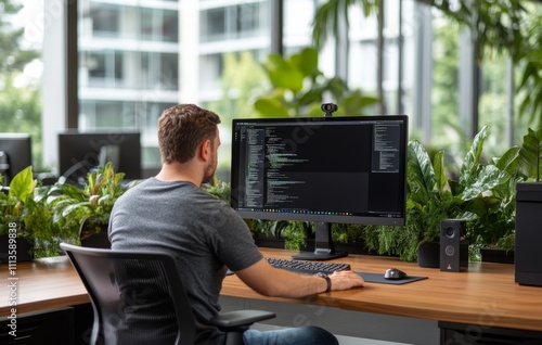 Man working at desk in modern office surrounded by plants during daytime