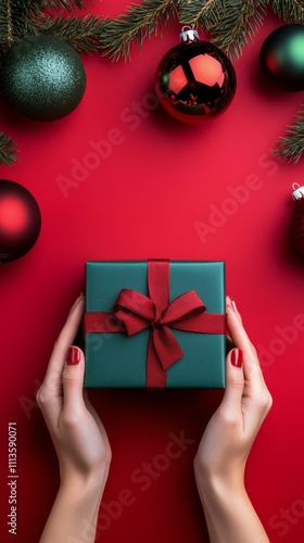 Hands hold a wrapped gift against a vibrant red background for the holidays