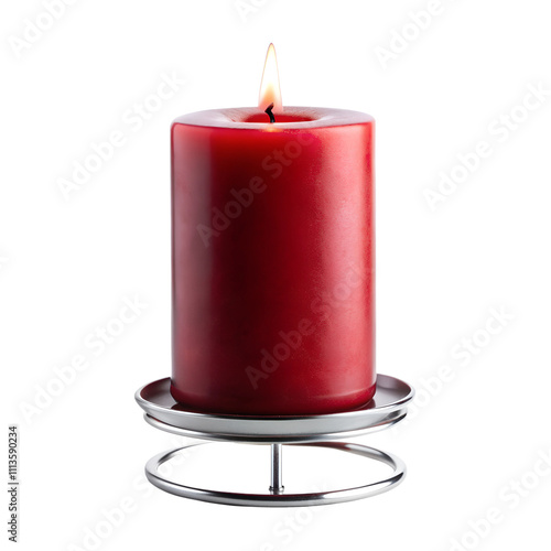 Slender red candle with soft flames on a luxurious candle holder, isolated on transparent background