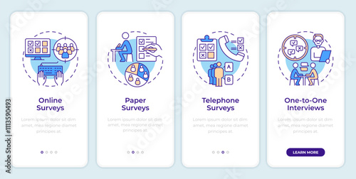 Survey types onboarding mobile app screen. Research methodology. Walkthrough 5 steps editable graphic instructions with linear concepts. UI, UX, GUI template. Montserrat SemiBold, Regular fonts used