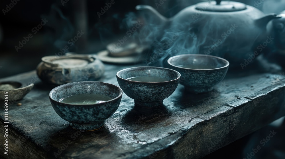 A serene tea setup with steaming cups and a teapot on a rustic wooden table. A serene tea setup with steaming cups and a teapot on a rustic wooden table.