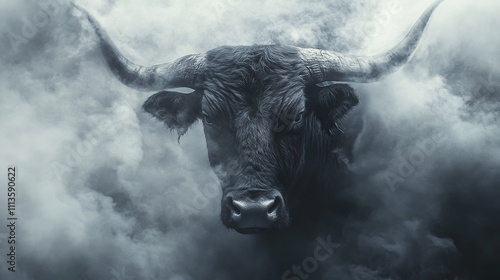 Majestic bull emerging from smoke. photo