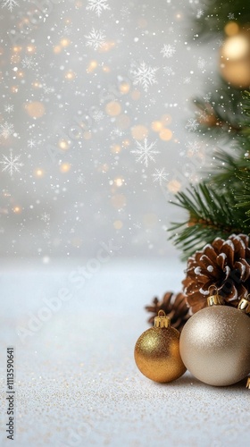 Beautiful golden ornaments on a festive Christmas tree with pine cones and so...
