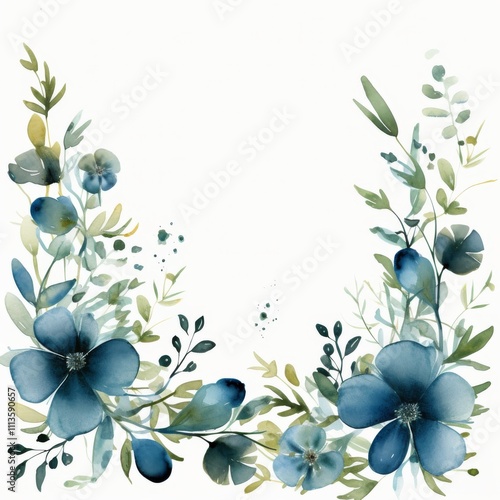 Beautiful watercolor floral arrangement featuring blue blooms and greenery in...