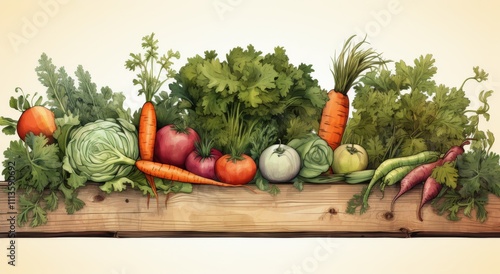Colorful variety of fresh vegetables displayed on a rustic wooden shelf