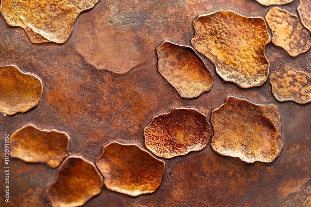 Obraz premium Close-up of embossed copper sheet; rich, textured surface. Ideal for backgrounds, textures, or design projects needing a metallic, aged look.