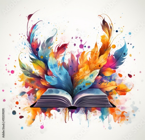 Colorful artwork of an open book with vibrant feathers and paint splashes in ...