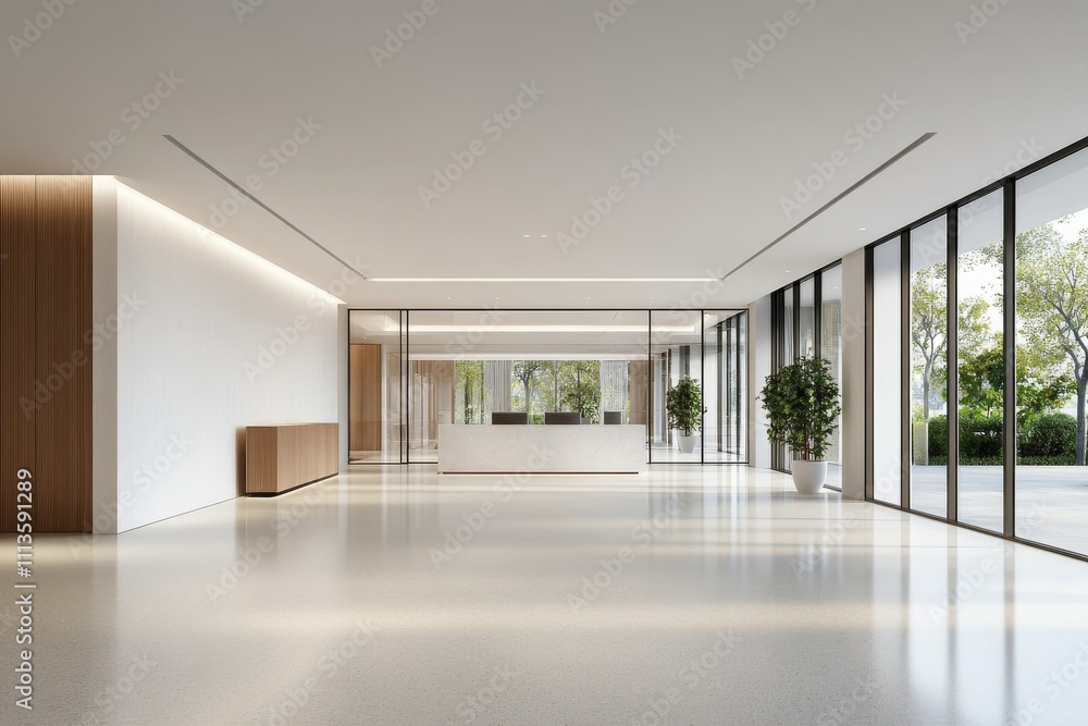 Fototapeta premium Minimalist reception area with bright lighting and modern furnishings in a contemporary setting