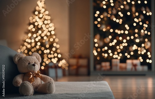 Cozy holiday atmosphere with bear and decorated Christmas tree in a warm livi...
