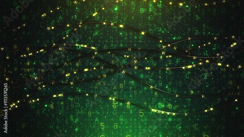 A dynamic technology background with glowing data streams flowing through a network of interconnected lines and nodes, bathed in shades of green, representing the flow of information and the complexit photo