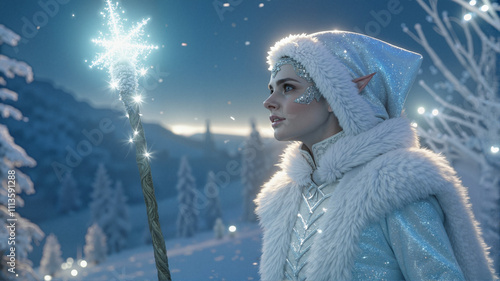 Enchanting elf with glowing wand in snowy winter forest