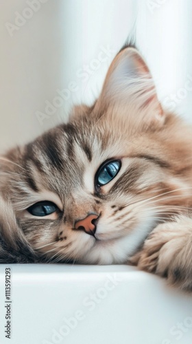 Fluffy cat with striking blue eyes relaxing indoors on a soft surface