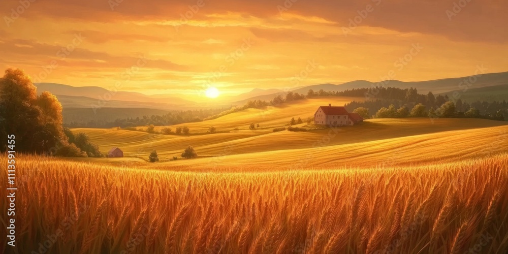 Fototapeta premium Serene Golden Wheat Field Under Majestic Sunset with Rolling Hills, Tranquil Sky and Peaceful Countryside House in the Background