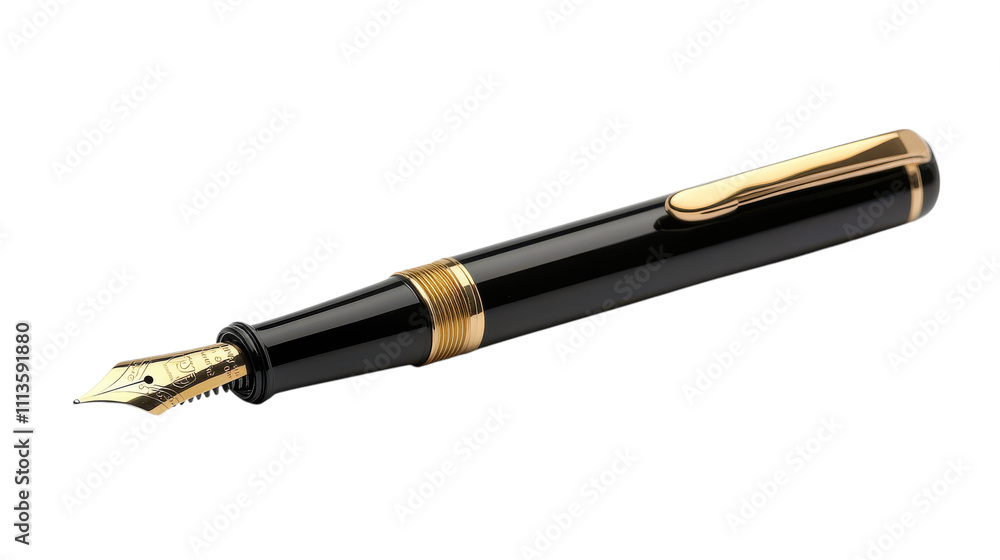 An exquisite fountain pen, elegantly designed with a shiny black body and golden accents, rests softly on a smooth surface, inviting creativity and expression in writing An exquisite fountain pen, elegantly designed with a shiny black body and golden accents, rests softly on a smooth surface, inviting creativity and expression in writing