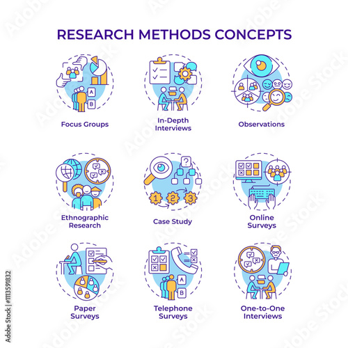 Research methods multi color concept icons. Data collecting, survey. Marketing strategy. Icon pack. Vector images. Round shape illustrations for infographic, presentation. Abstract idea