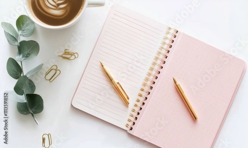 Elegant workspace setup with notebook, pen, coffee, and greenery on a clean s...