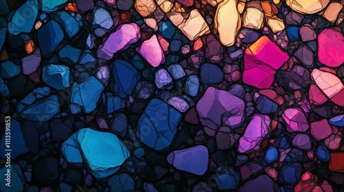 Colorful stones create a vibrant background with shades of blue and purple un...