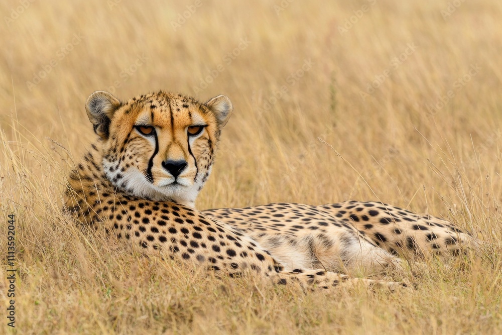 Cheetah resting in tall grass of the savanna during golden hour. Generative AI Cheetah resting in tall grass of the savanna during golden hour. Generative AI