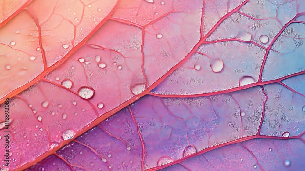 Fototapeta premium Colorful Leaf Veins Dewdrops Macro Photography