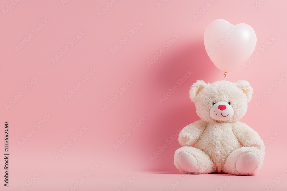 A teddy bear sitting next to heart-shaped balloons on a pink backdrop, ideal for romantic greetings, with space to add your heartfelt message. A teddy bear sitting next to heart-shaped balloons on a pink backdrop, ideal for romantic greetings, with space to add your heartfelt message.