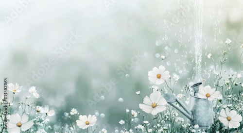 Watering can pouring water on delicate white flowers in a serene garden setting
